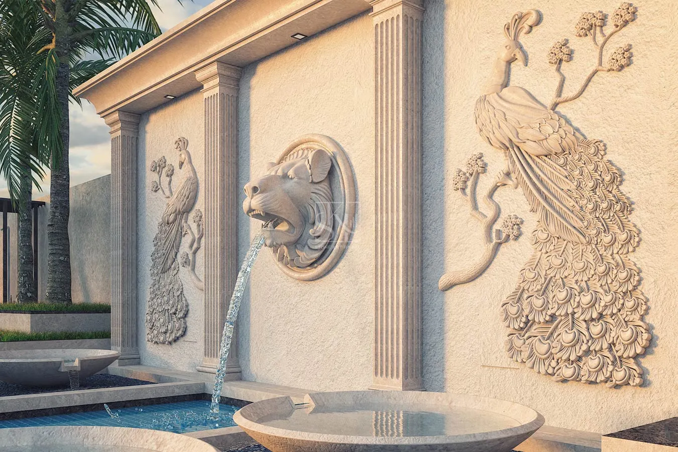 Lion-Peacock Water Fountain